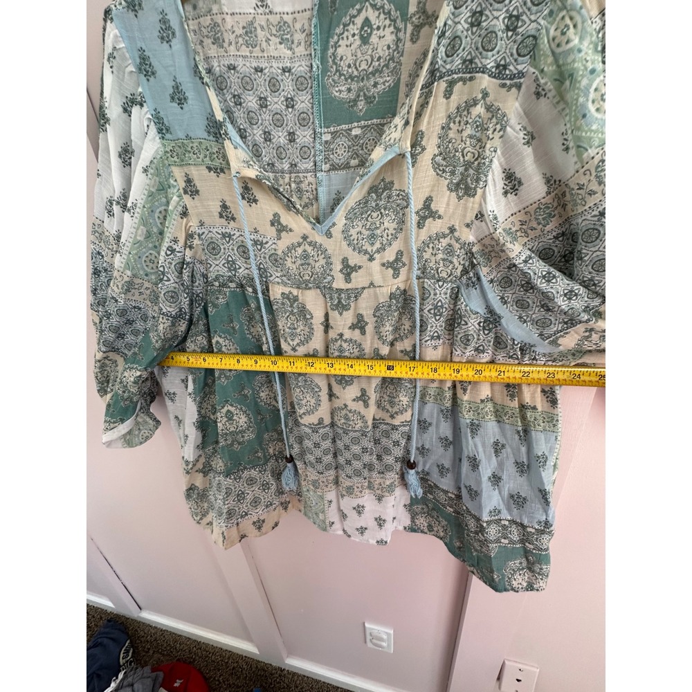 Unique Spectrum Womens XL Boho Patchwork Tassel Tie Peasant Blouse Teal Blue - Picture 3 of 6